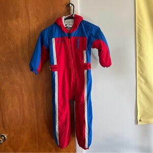 Columbia size 4T Red Blue Kids Snowsuit Fleece lined Winter Ski coverall hood